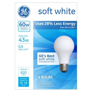 GE, GEL66247, Lighting 43W Energy-efficient A19 Bulb, 4 / Box