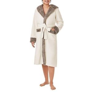 Members Mark Womens Hooded Plush Robe with Faux Fur Accents (Ivory, L/XL)
