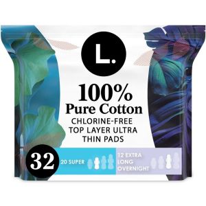 L . Organic Cotton Topsheet Ultra Thin Pads Duo Pack – Super / Overnight Absorbency - 32ct