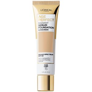 LOreal Paris Age Perfect Radiant Serum Foundation Makeup, 15 Rose Ivory, 1 fl oz