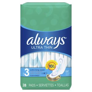 Always Ultra Thin Pads, Winged, Unscented, Extra Long, Size 3, 28 ct"