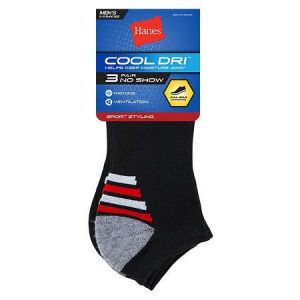 Hanes Cool DRI Mens No Show Socks, 3-Pairs Black Assorted 6-12