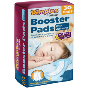 Dimples by Inspire Booster Pads, Baby Diaper Doubler - 1 Size Fits All - Boosts Absorbency - No More Leaks 30 Count (with Adhesive for Secure Fit)