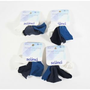 4 Scunci No Damage Hair Ponytailer BLUE WHITE BLACK GRAY 4 Pcs #54799 = 16 Total