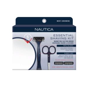 Nautica 5 Piece Essential Shaving Kit with 15x Mirror, Scissors, Razor & 2 Razor Heads (Available in a pack of 4)