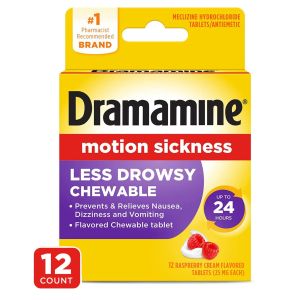 Dramamine Chewable Less Drowsy, Motion Sickness Relief, Raspberry Cream Flavor, 12 Count"