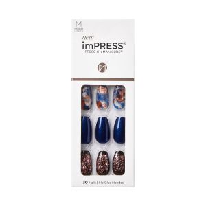 KISS imPRESS Press-On Nails, Medium Length, ‘Indigo Autumn’, 30 Count