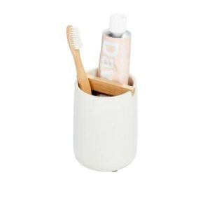 IDesign Eco Vanity Ceramic Toothbrush Holder W/ Paulownia Wood Divider Wood in White/Brown, Size 4.45 H X 3.27 W X 3.27 D in | Wayfair 28261