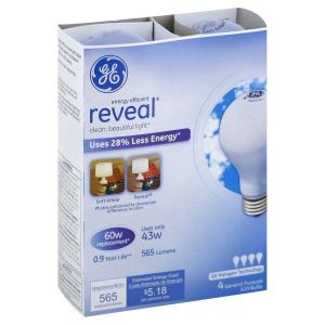 General Electric 43W Energy-Efficient Reveal Frost Bulb, 4-Pack, 60W Equivalent