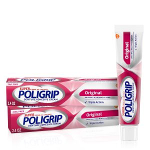 Super Poligrip Original Formula Zinc Free Denture and Partials Adhesive Cream, 2.4-Oz Twin Pack (4.8-Oz Total), for Adults