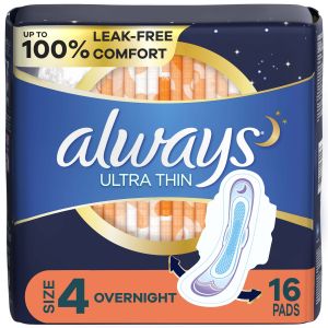 Always Ultra Thin Overnight Pads with Flexi-Wings, Size 4, Overnight, Unscented, 16 Count