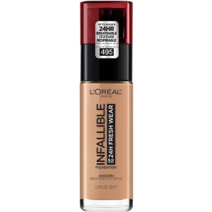 LOreal Paris Infallible Fresh Wear 24 Hr Liquid Foundation Makeup, 495 Amber, 1 oz