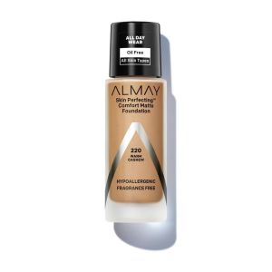 Almay Skin Perfecting Comfort Matte Foundation Makeup, Hypoallergenic, 220 Warm Cashew, 1 fl oz
