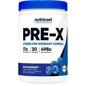 Nutricost Pre-X Xtreme Pre-Workout Complex Powder Blue Raspberry (30 Serv) - Non-GMO Supplement