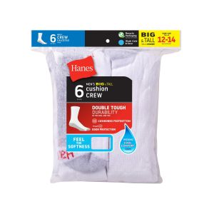 Hanes Double Tough Men's Big & Tall Cushion Crew Socks, 6-Pairs White 12-14