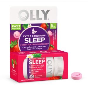 OLLY Extra Strength Sleep Fast Dissolves, 5mg Melatonin, Lemon Balm, Vegan, Strawberry, 30 Ct"