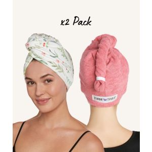 Turbie Twist Microfiber Hair Towel Wrap - 2 Pack - For Women, Men & Kids - Travel & Bathroom Essential - Quick Dry Hair Turban for Curly, Long & Thick Hair (Botanical, Coral)
