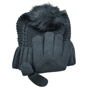 Winter Essentials Women’s Black Pompom Hat and Texting Tip Glove Gift Set, Made with Recycled Fiber