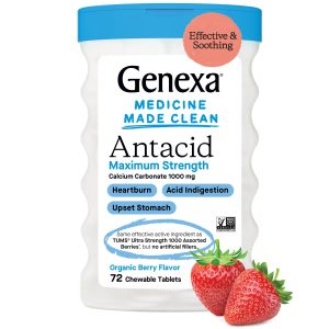 Genexa Antacid Maximum Strength Chewable Tablets | Calcium Carbonate Acid Reducer Relief for Heartburn, Acid Indigestion, & Upset Stomach | Delicious Organic Berry Flavor | 72 Tablets