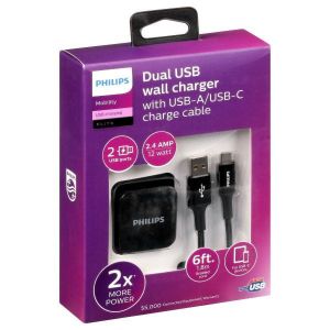 Philips Wall Charger Charging Kit, 2 Port, 12W, USB-A to USB-C, 6ft Braided, for iPhone 12/11/Pro/Max/XS/XR/X/8, iPad Pro, Samsung Galaxy S21/S10/S9/Plus, Google Pixel 5/C/3/2/XL, Black, DLP6212C/37