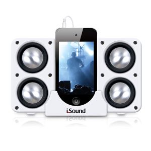 Open Box iSound Quad-X Portable Foldable USB or Battery Powered 3.5mm Wired Speaker Dock System, White